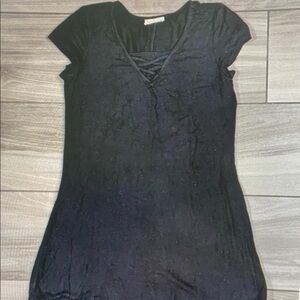 Full Tilt Black Short Sleeve Mini Dress with Crisscross V-Neck